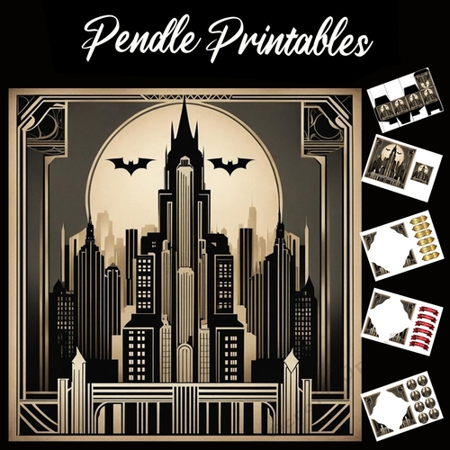 Art Deco Bat City 7x7 Card Kit. Matching Box, Gift Bauble,Tag