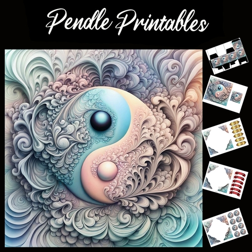 Pastel Ying & Yang 7x7 Card Kit. Matching Box, Gift Bauble,Tag