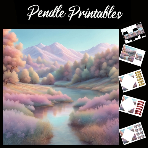 The Pink Mountains 7x7 Card Kit. Matching Box, Gift Bauble,Tag