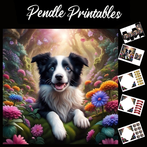 Woodland Collie 7x7 Card Kit. Matching Box, Gift Bauble,Tag