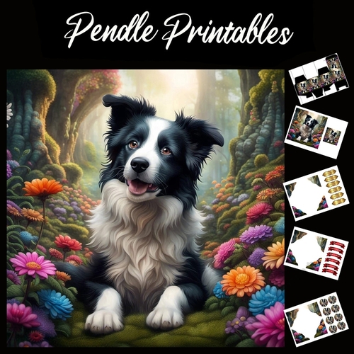 Woodland Collie (2) 7x7 Card Kit. Matching Box, Gift Bauble,Tag