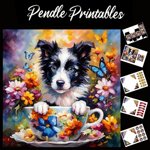 Time For Tea Collie 7x7 Card Kit. Matching Box, Gift Bauble,Tag