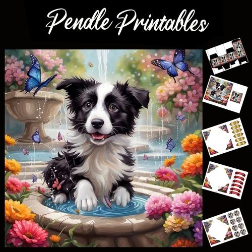 Water Fountain Collie 7x7 Card Kit. Matching Box, Gift Bauble,Tag