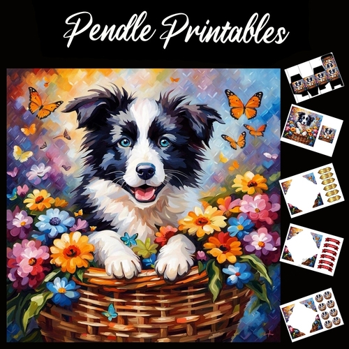 Flower Basket Collie 7x7 Card Kit. Matching Box, Gift Bauble,Tag