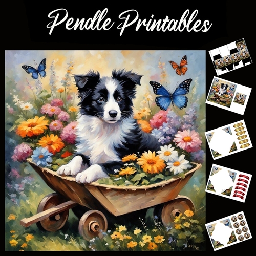 Wheel Barrow Collie 7x7 Card Kit. Matching Box, Gift Bauble,Tag