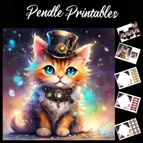 Steampunk Cute Ginger Kitten 7x7 Card Kit. Matching Box, Gift Bauble,Tag