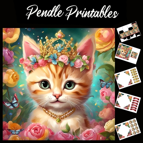 Little Princess Cute Ginger Kitten (2) 7x7 Card Kit. Matching Box, Gift Bauble,Tag