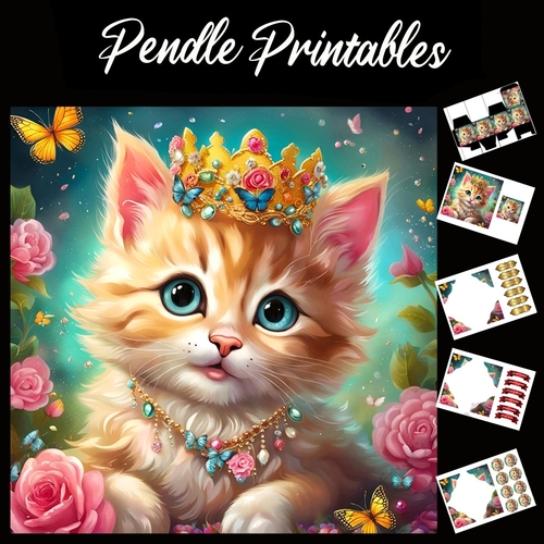 Little Princess Cute Ginger Kitten (3) 7x7 Card Kit. Matching Box, Gift Bauble,Tag