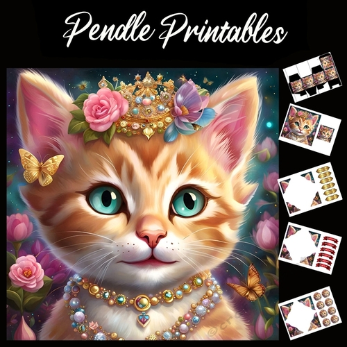 Little Princess Cute Ginger Kitten (4) 7x7 Card Kit. Matching Box, Gift Bauble,Tag