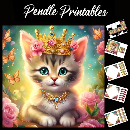 Little Princess Cute Ginger Kitten (5) 7x7 Card Kit. Matching Box, Gift Bauble,Tag