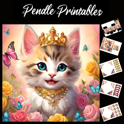 Little Princess Cute Ginger Kitten (6) 7x7 Card Kit. Matching Box, Gift Bauble,Tag