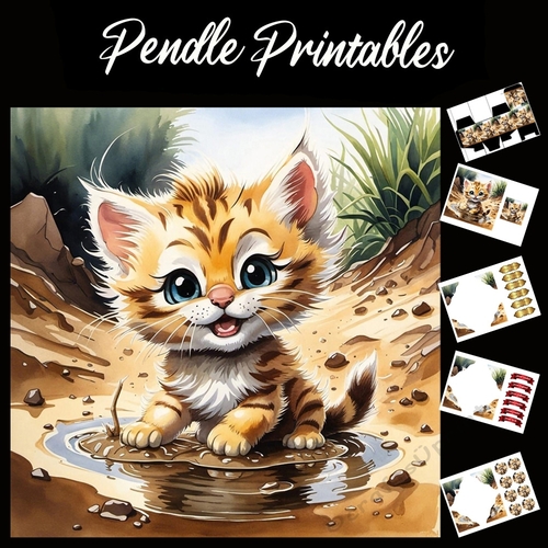 Mud Puddle Cute Ginger Kitten  7x7 Card Kit. Matching Box, Gift Bauble,Tag