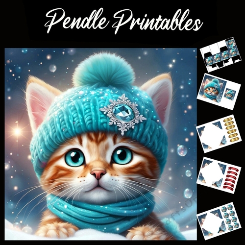 Bobble Hat Cute Ginger Kitten  7x7 Card Kit. Matching Box, Gift Bauble,Tag