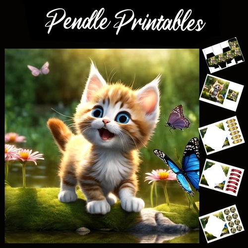 Cute Kitten & Butterflies 7x7 Card Kit. Matching Box, Gift Bauble,Tag
