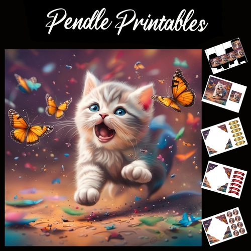Cute Kitten & Butterflies (2) 7x7 Card Kit. Matching Box, Gift Bauble,Tag