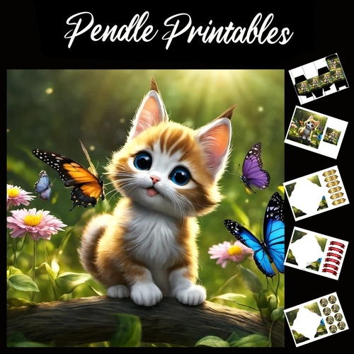 Cute Kitten & Butterflies (3) 7x7 Card Kit. Matching Box, Gift Bauble,Tag