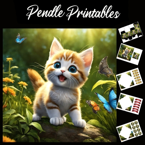 Cute Kitten & Butterflies (4) 7x7 Card Kit. Matching Box, Gift Bauble,Tag