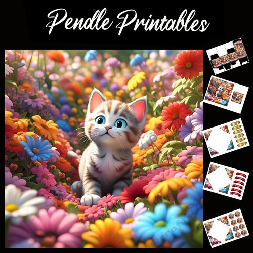Cute Kitten & Butterflies (5) 7x7 Card Kit. Matching Box, Gift Bauble,Tag