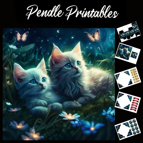 Cute Kitten & Butterflies (6) 7x7 Card Kit. Matching Box, Gift Bauble,Tag