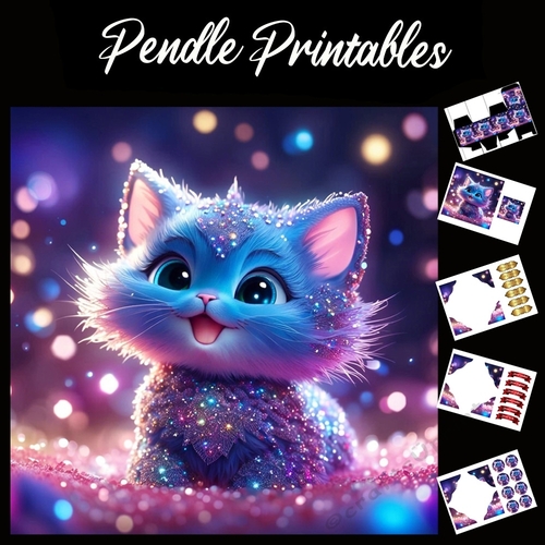 Purple Glitter Kitty 7x7 Card Kit. Matching Box, Gift Bauble,Tag
