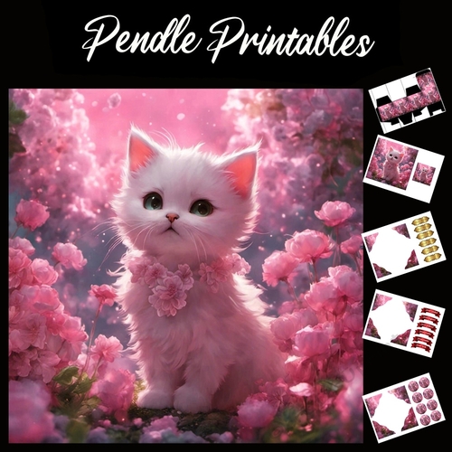 Pretty In Pink Kitten 7x7 Card Kit. Matching Box, Gift Bauble,Tag