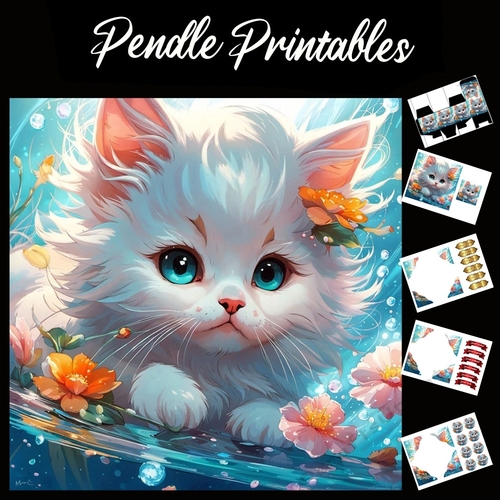 Water Lily Kitten 7x7 Card Kit. Matching Box, Gift Bauble,Tag