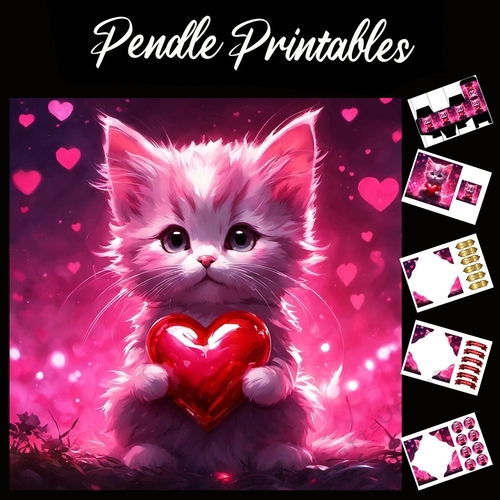Love Heart Kitten 7x7 Card Kit. Matching Box, Gift Bauble,Tag