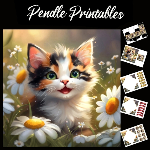 Happy Tortie Kitten 7x7 Card Kit. Matching Box, Gift Bauble,Tag