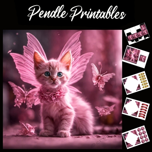 Pink Fairy Kitten 7x7 Card Kit. Matching Box, Gift Bauble,Tag