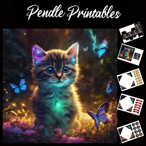 Kitten And The Butterflies (4) 7x7 Card Kit. Matching Box, Gift Bauble,Tag
