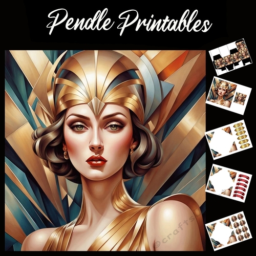 Golden Hat Art Deco Lady 7x7 Card Kit. Matching Box, Gift Bauble,Tag
