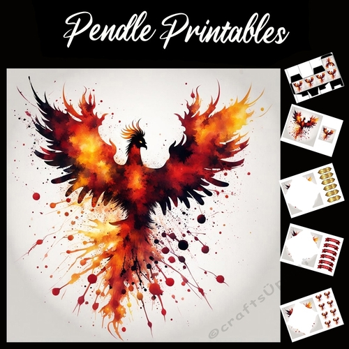 Splatter Art: Fiery Pheonix 7x7 Card Kit. Matching Box, Gift Bauble,Tag