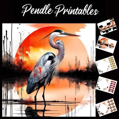 Splatter Art: Sunset Crane 7x7 Card Kit. Matching Box, Gift Bauble,Tag