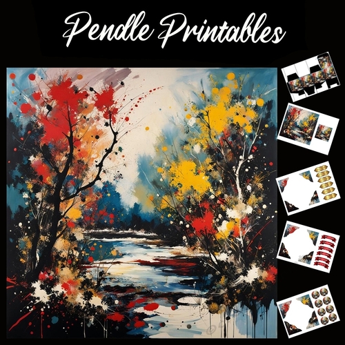 Splatter Art: Autumn Colours 7x7 Card Kit. Matching Box, Gift Bauble,Tag