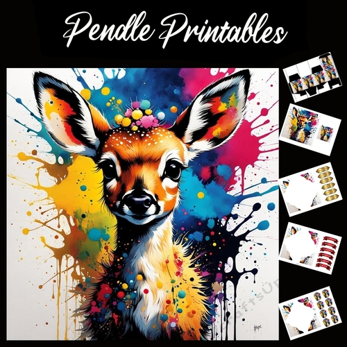Splatter Art: Colourful Fawn 7x7 Card Kit. Matching Box, Gift Bauble,Tag