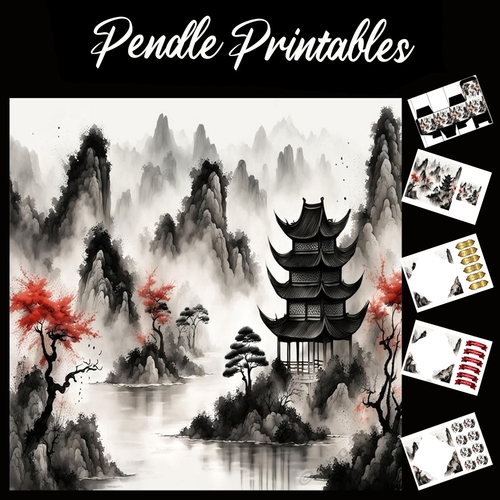 Splatter Art: Pagoda In The Mist 7x7 Card Kit. Matching Box, Gift Bauble,Tag