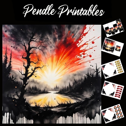 Splatter Art: Sun Fire Night 7x7 Card Kit. Matching Box, Gift Bauble,Tag