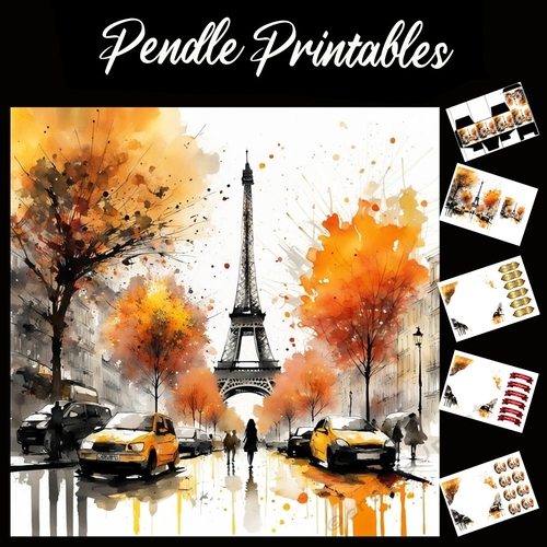 Splatter Art: Autumn Eiffel Tower 7x7 Card Kit. Matching Box, Gift Bauble,Tag