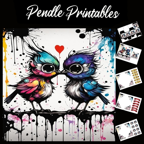 Splatter Art: Oddball Love Birds 7x7 Card Kit. Matching Box, Gift Bauble,Tag