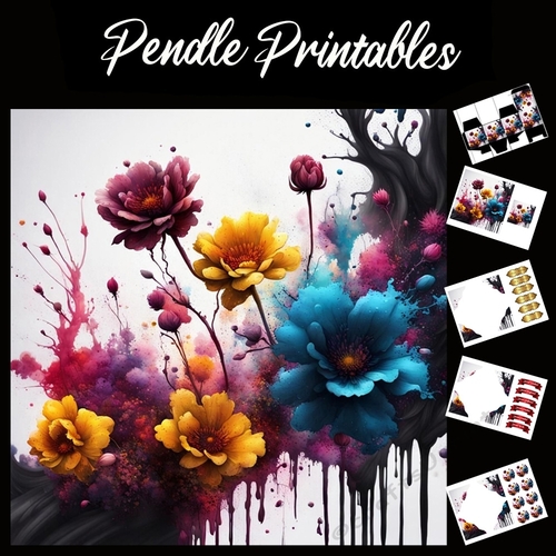 Splatter Art: Colours In Bloom 7x7 Card Kit. Matching Box, Gift Bauble,Tag