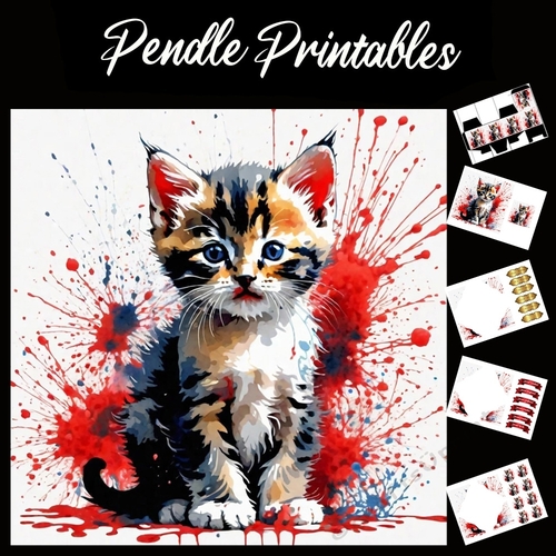 Splatter Art: Cute Kitten 7x7 Card Kit. Matching Box, Gift Bauble,Tag