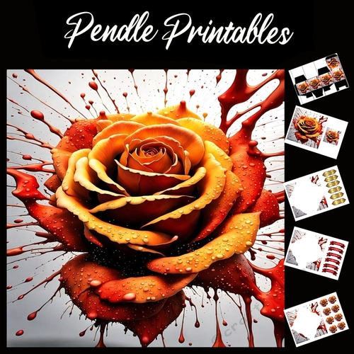 Splatter Art: Orange Rose 7x7 Card Kit. Matching Box, Gift Bauble,Tag