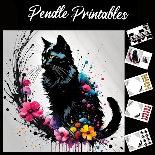Splatter Art: Beautiful Black Cat 7x7 Card Kit. Matching Box, Gift Bauble,Tag