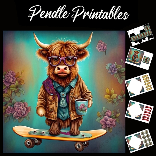 Cool Guy Cow Skater 7x7 Card Kit. Matching Box, Gift Bauble,Tag