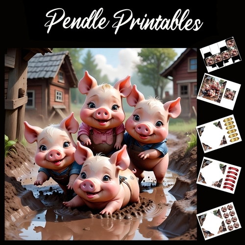 Fun In The Mud Piglets 7x7 Card Kit. Matching Box, Gift Bauble,Tag