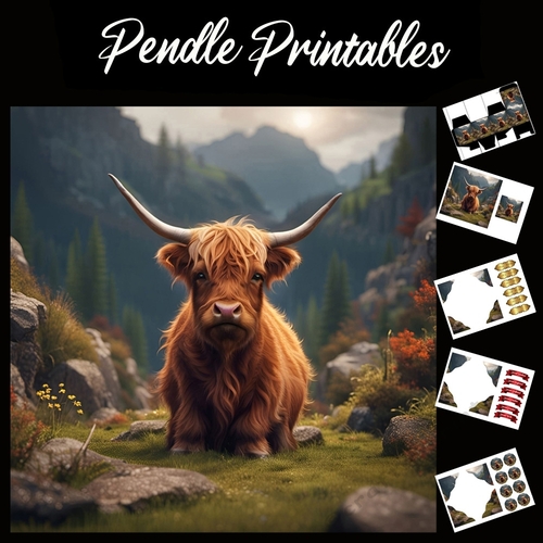 Highland Cow 7x7 Card Kit. Matching Box, Gift Bauble,Tag