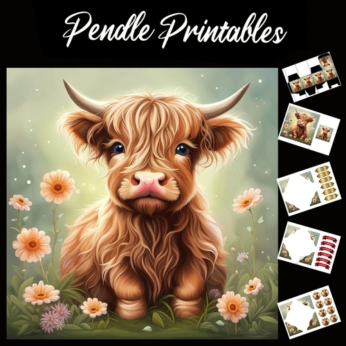 Highland Cow Calf 7x7 Card Kit. Matching Box, Gift Bauble,Tag