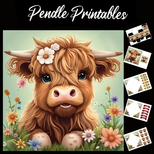 Flower Girl Highland Calf 7x7 Card Kit. Matching Box, Gift Bauble,Tag