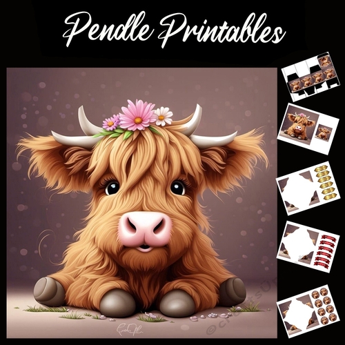Flower Girl Highland Calf (3) 7x7 Card Kit. Matching Box, Gift Bauble,Tag