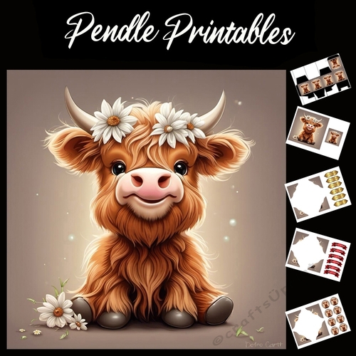 Flower Girl Highland Calf (5) 7x7 Card Kit. Matching Box, Gift Bauble,Tag